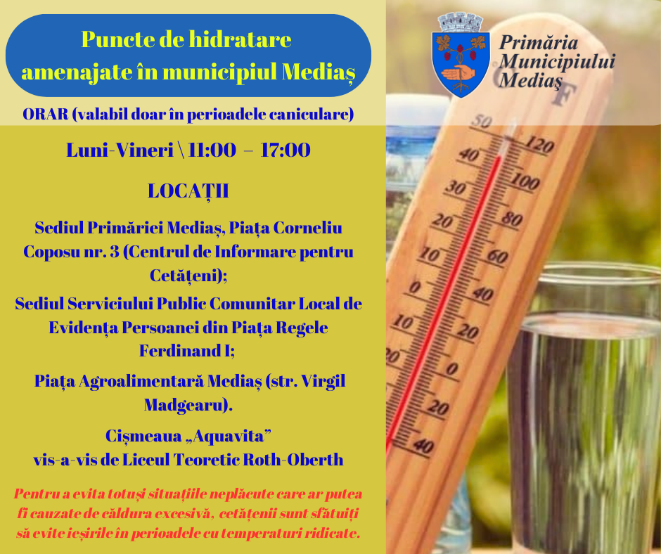 Primăria Municipiului Mediaș pune la dispoziția cetățenilor trei puncte de hidratare