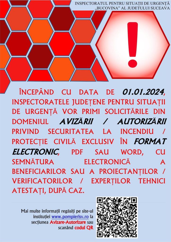 ISU Suceava: Anunț în legătură cu solicitările din domeniul avizării/autorizării privind securitatea la incendiu/protecție civilă