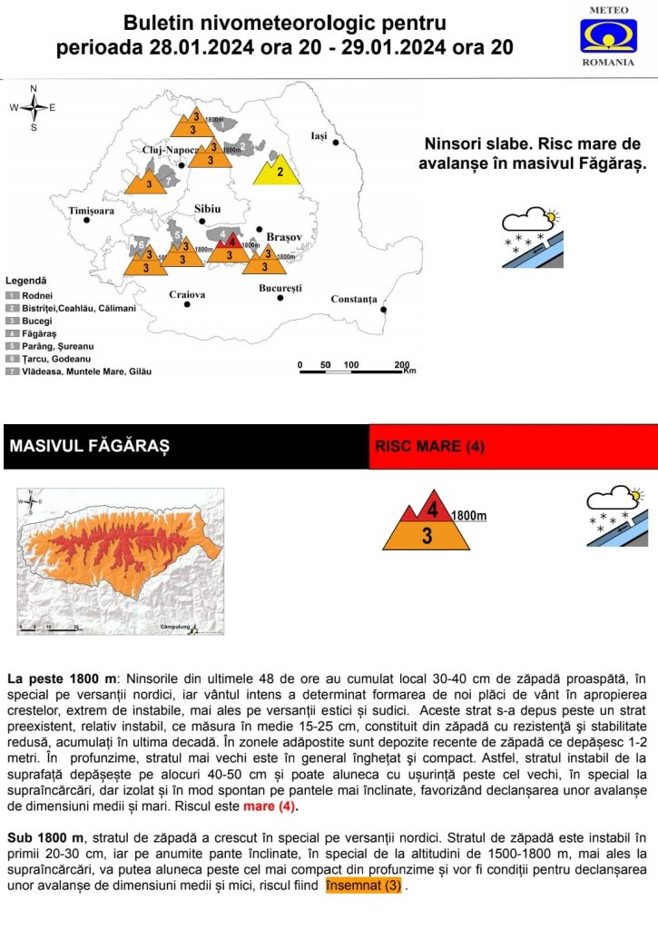 Avertizare de avalanșă de grad 4 în Munții Carpați