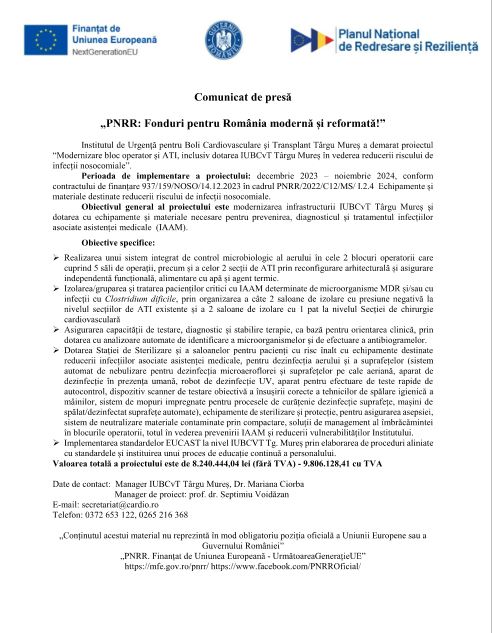 Modernizare și dotare pentru reducerea riscului de infecții nosocomiale la Institutul de Urgență pentru Boli Cardiovasculare și Transplant Târgu Mureș
