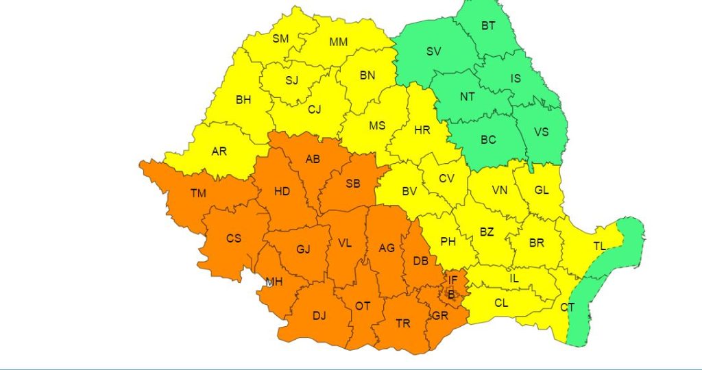 Avertizări de cod galben și portocaliu pentru 19 și 20 iunie 2024