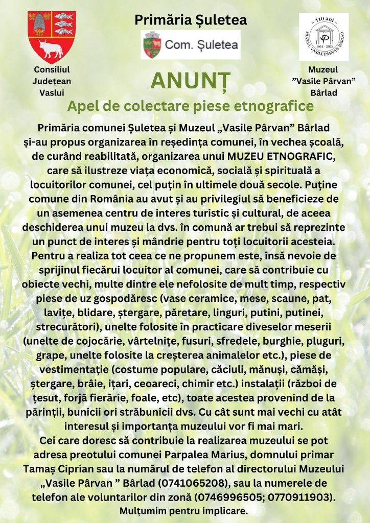  Apel pentru construirea Muzeului Etnografic Şuletea