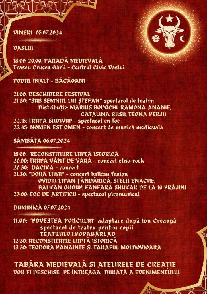 Astăzi, 5 iulie 2024, are loc deschiderea oficială a celei de-a doua ediții a Festivalului Medieval la Ansamblul Monumental „Podul Înalt” Băcăoani, începând cu ora 21:00