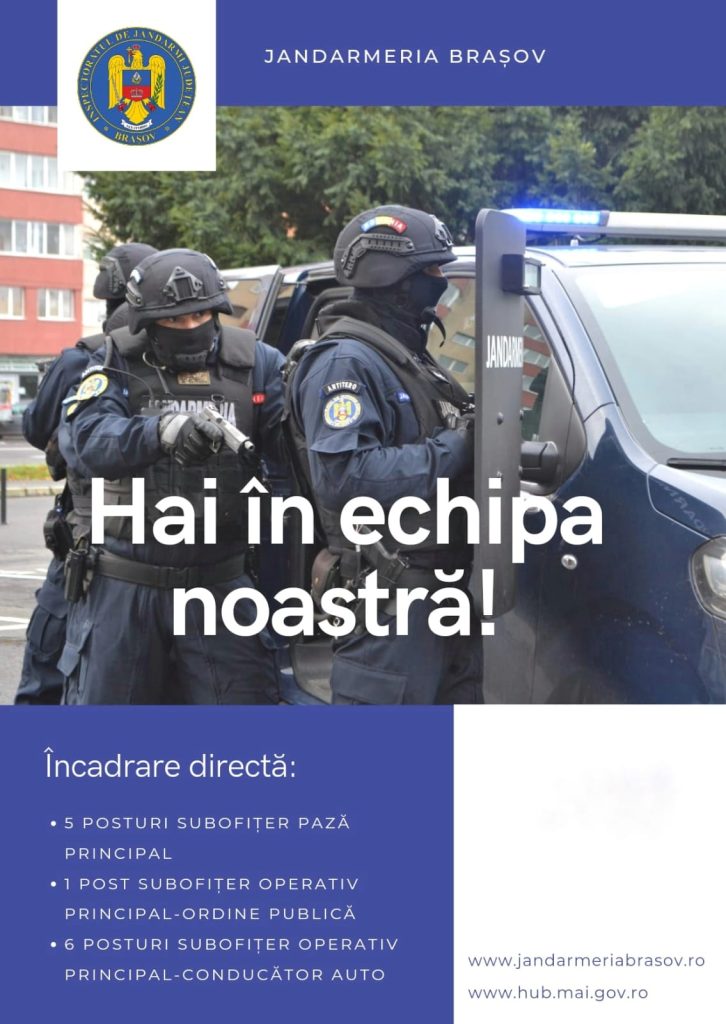 Inspectoratul de Jandarmi Județean „Nicolae Titulescu" din Brașov organizează un concurs pentru ocuparea a 12 posturi de subofițer