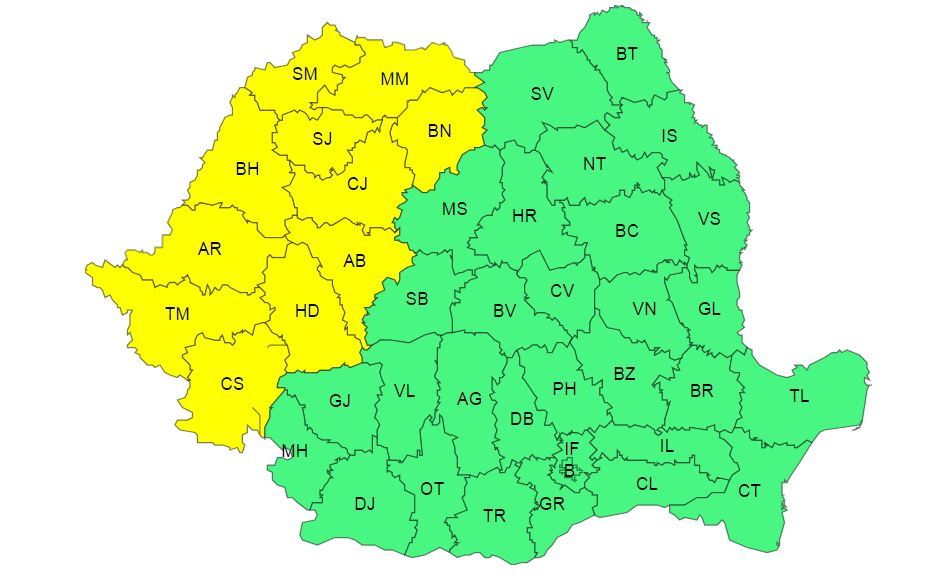 Avertizări meteo de tip Cod galben și Cod portocaliu