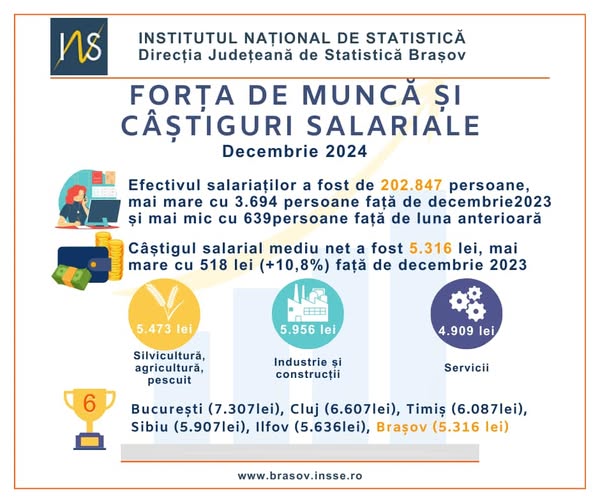 În luna decembrie 2024, Brașovul s-a situat pe locul 6 în clasamentul salariului mediu