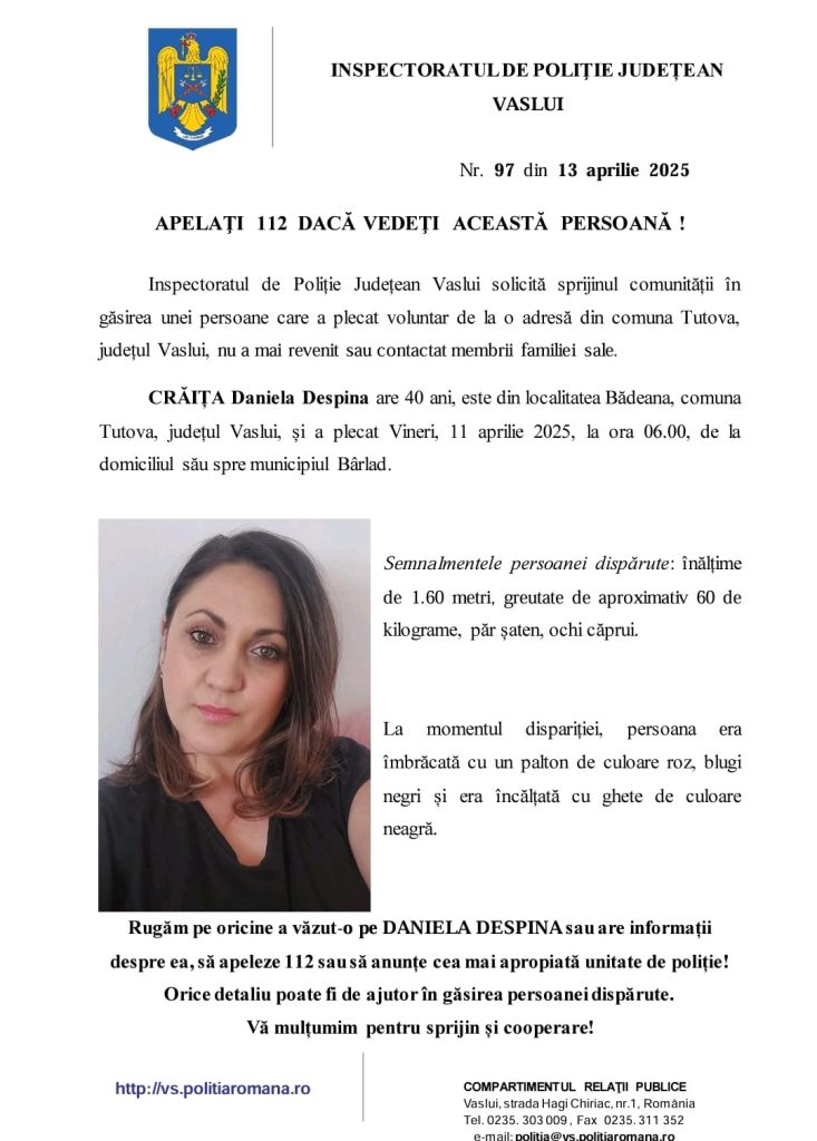 Identificarea unei persoane dispărute, care a plecat voluntar