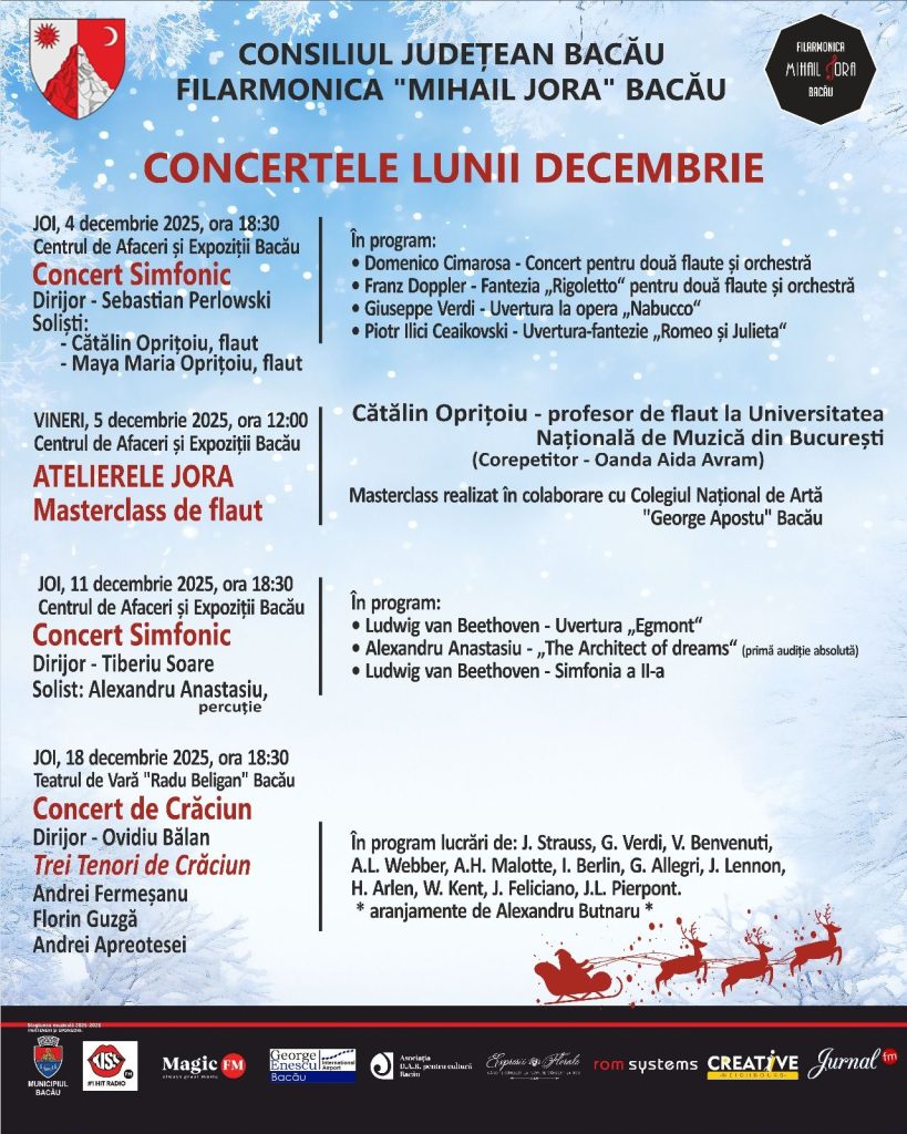 Filarmonica „Mihail Jora” din Bacău organizează în decembrie 2025 