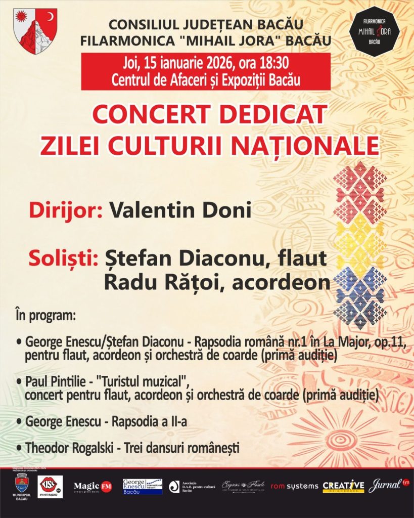 Filarmonica „Mihail Jora” din Bacău organizează joi, 15 ianuarie 2026