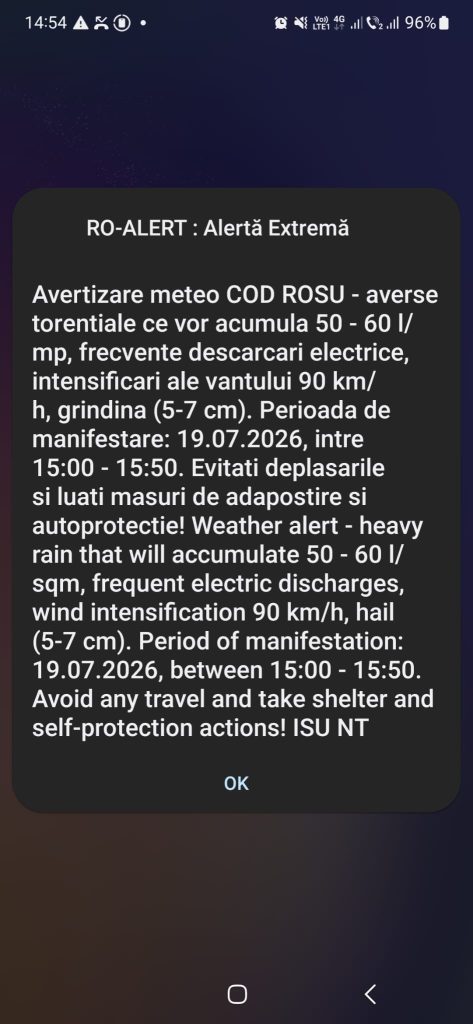 Administrația Națională de Meteorologie a emis duminică, 19 iulie 2026